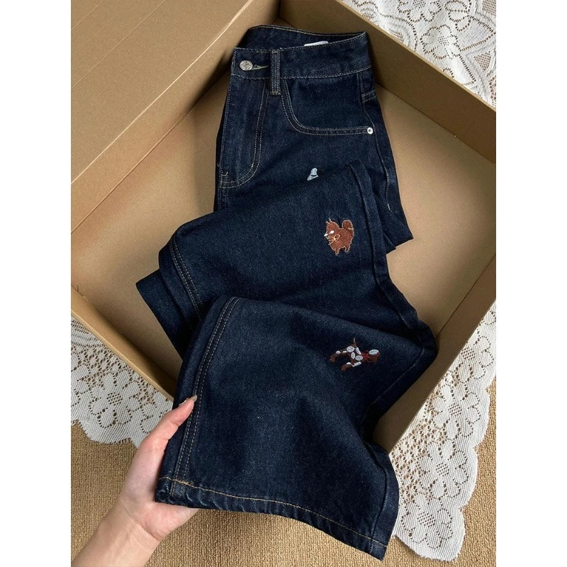 

Retro Puppy Embroidered Wide-leg Jeans Female Design Sense Niche High Waist Loose Slim Straight Pants