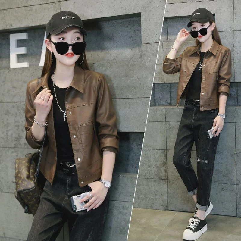 ピュアカラーのレザージャケット レディース 春秋 2024 新作 カジュアルトップス ヨーロッパ風 高級感のあるコート