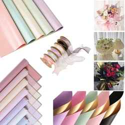 Colors Bouquet Gold Edge Double Sided Flower Wrapping Paper Wired Ribbons for Wedding Mothers Day Birthday Gift Florist Supplies