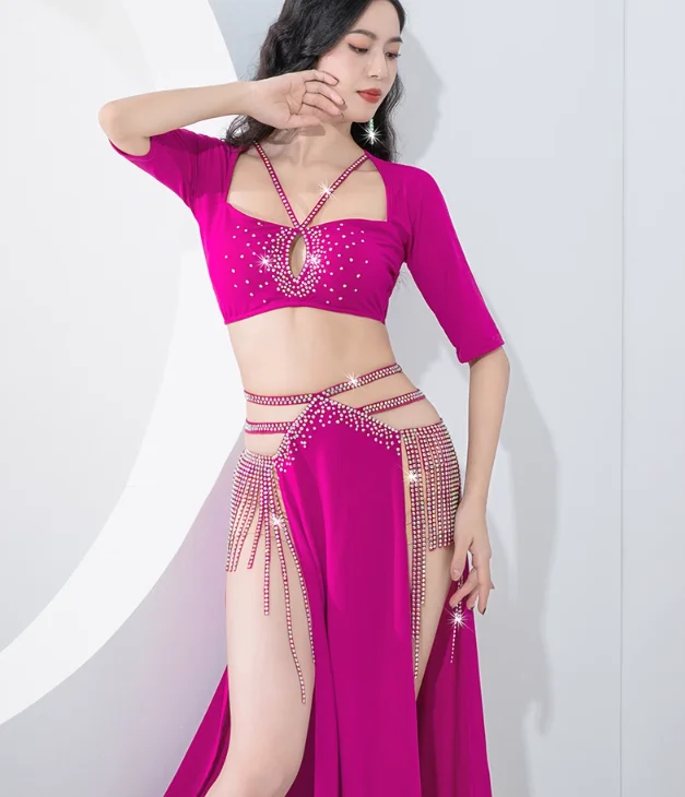 

Belly Dancer Costume Set for Women Half Sleeves Top+long Skirt 2pcs Training Suit Adult Female Bellydance Tassel Performance Set