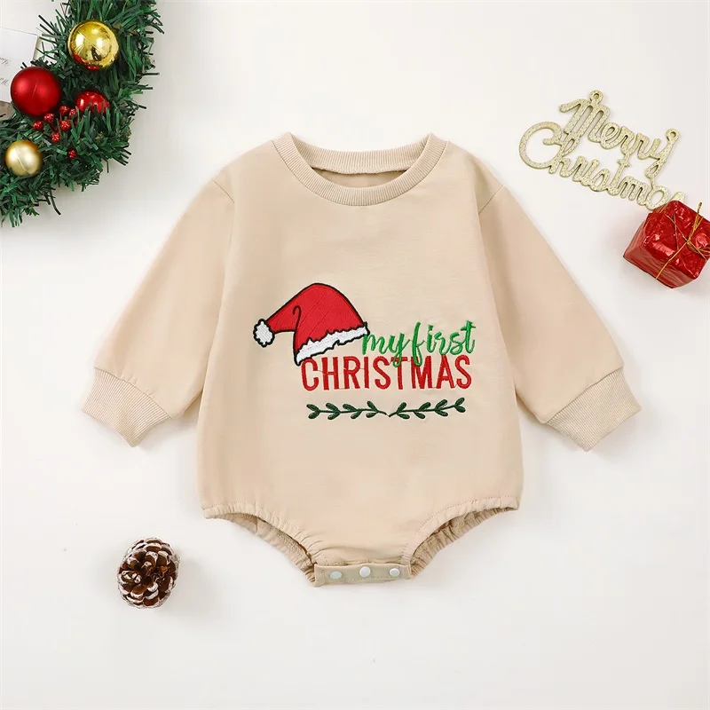 Baby Christmas Romper Long Sleeve Crew Neck Santa Hat Embroidery Bodysuit Newborn Playsuit