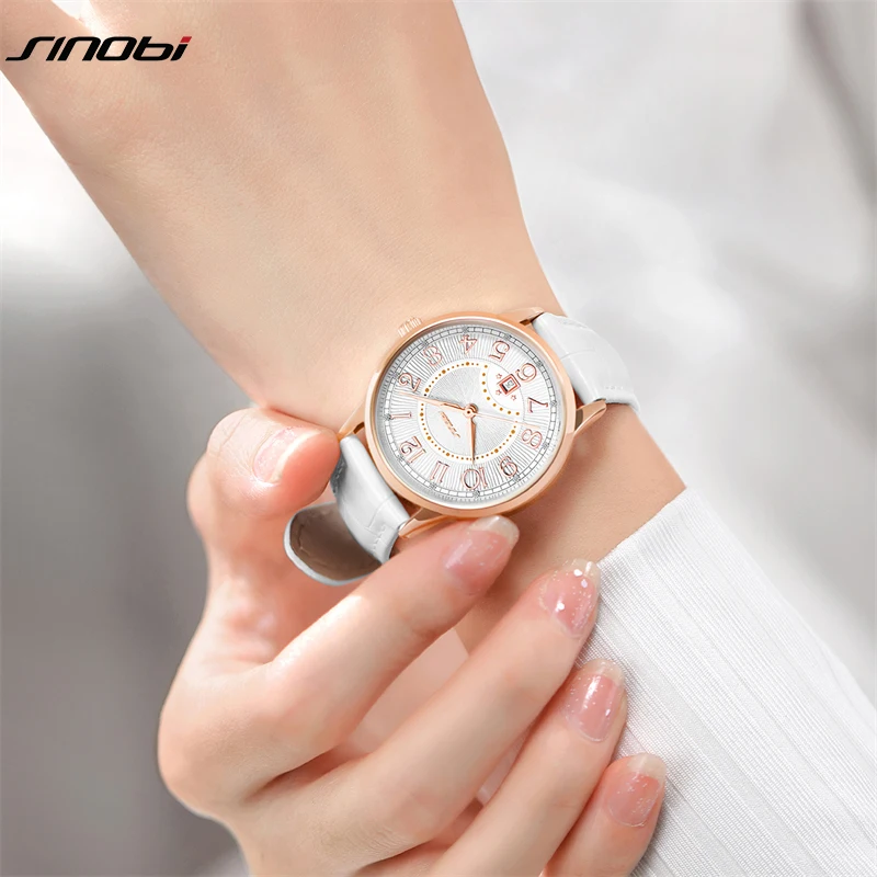 SINOBI Fashion White Leather Strap Woman Watches Original Design Calender Women\'s Quartz Wristwatches Gifts Clock For Ladies