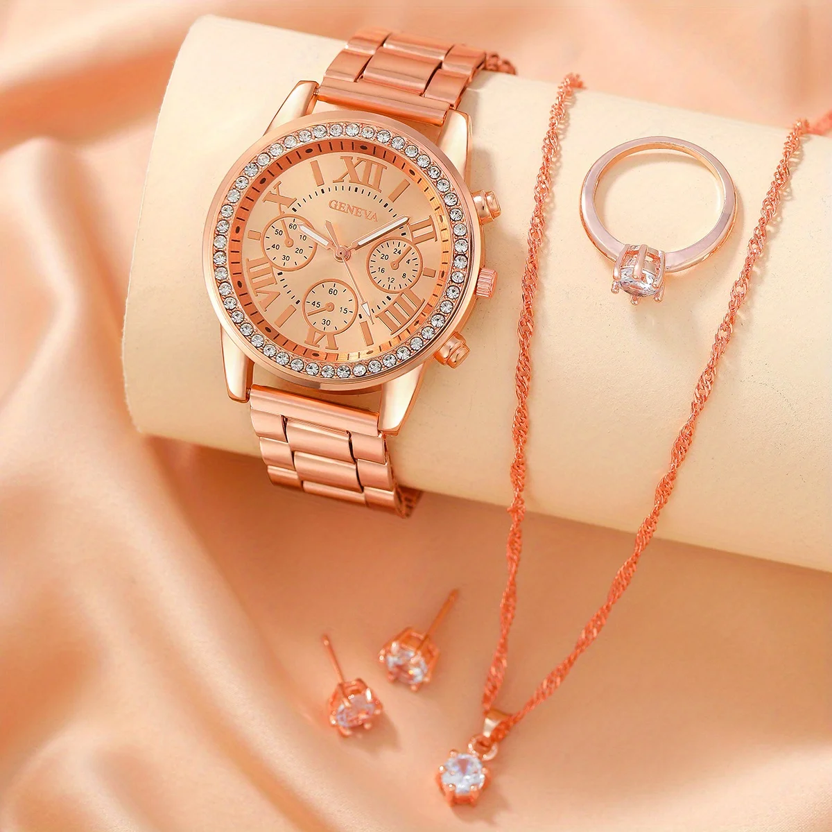 Women's Watch Luxury Rhinestone Quartz Watch Rome Fashion Analog Wrist Watch & 4pcs Jewelry Set, Gift For Mom/Her