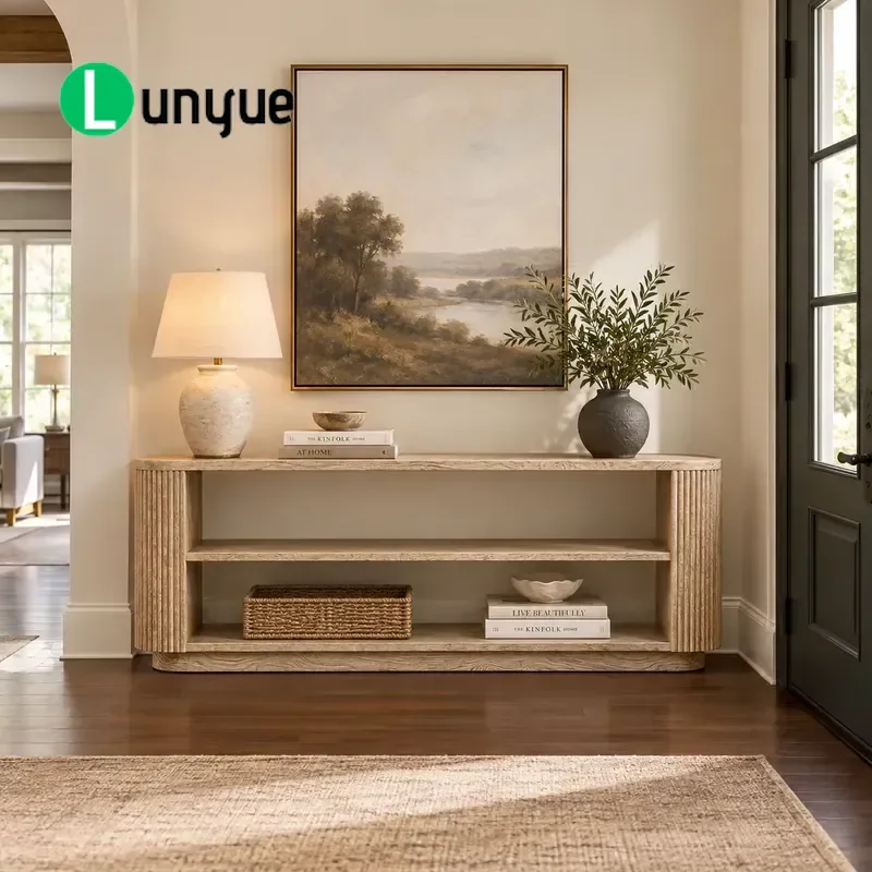 Modern Oak Porch Table with Grooved Wood Grain and Storage Rack for Living Room Hallway Entryway Furniture