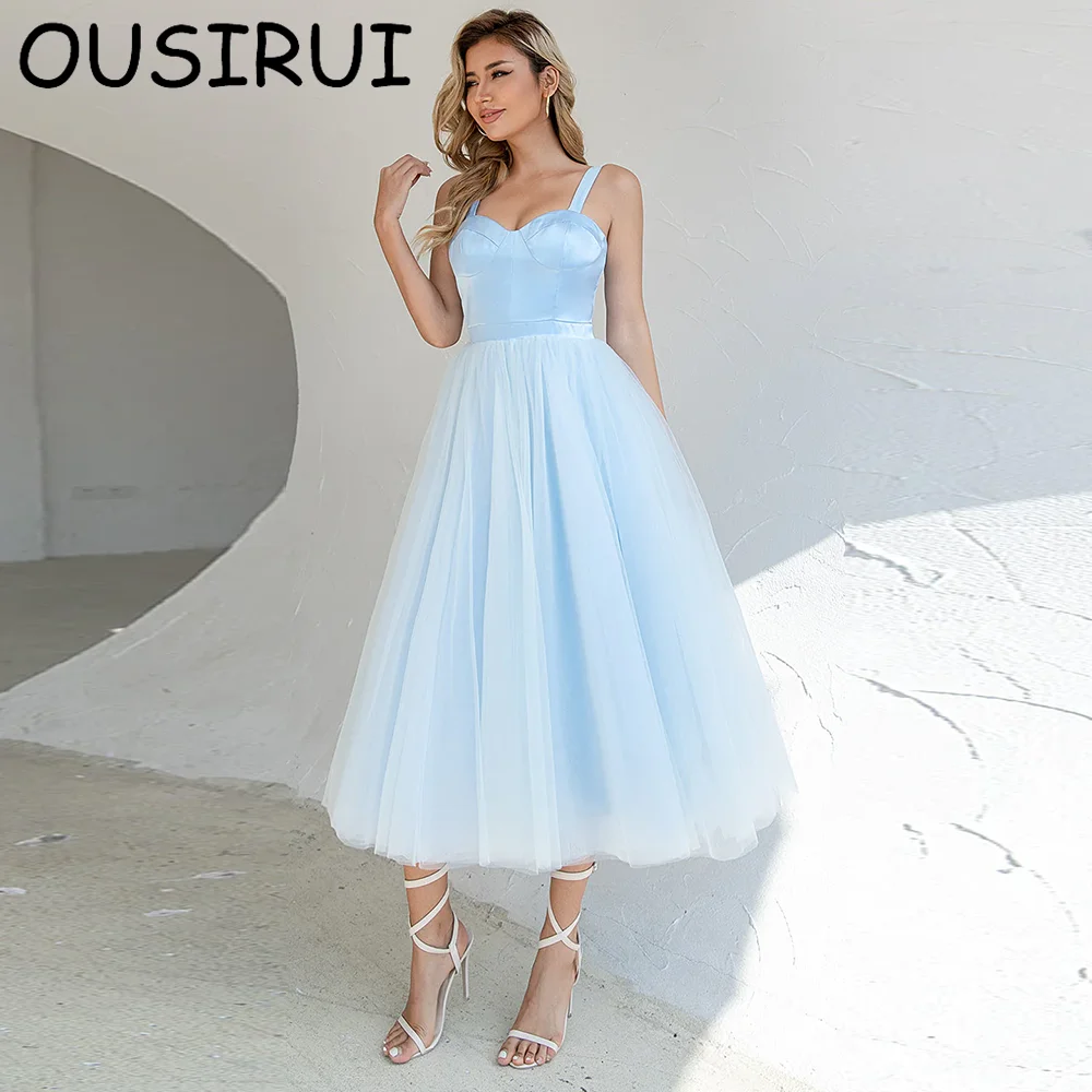 OUSIRUI Chic Spaghetti Straps Tulle A-line Formal Prom Dresses Tea-Length Lace up Evening Prom Party Gown robes de soirée