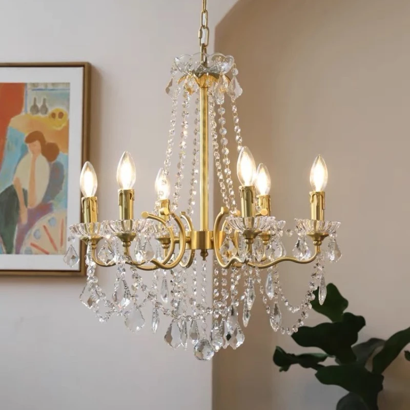 French Luxury Copper Candle Led E14 Chandelier Living Room Lustre Crystal Led Pendant Lights Led Home Decor Luminarias Lamparas