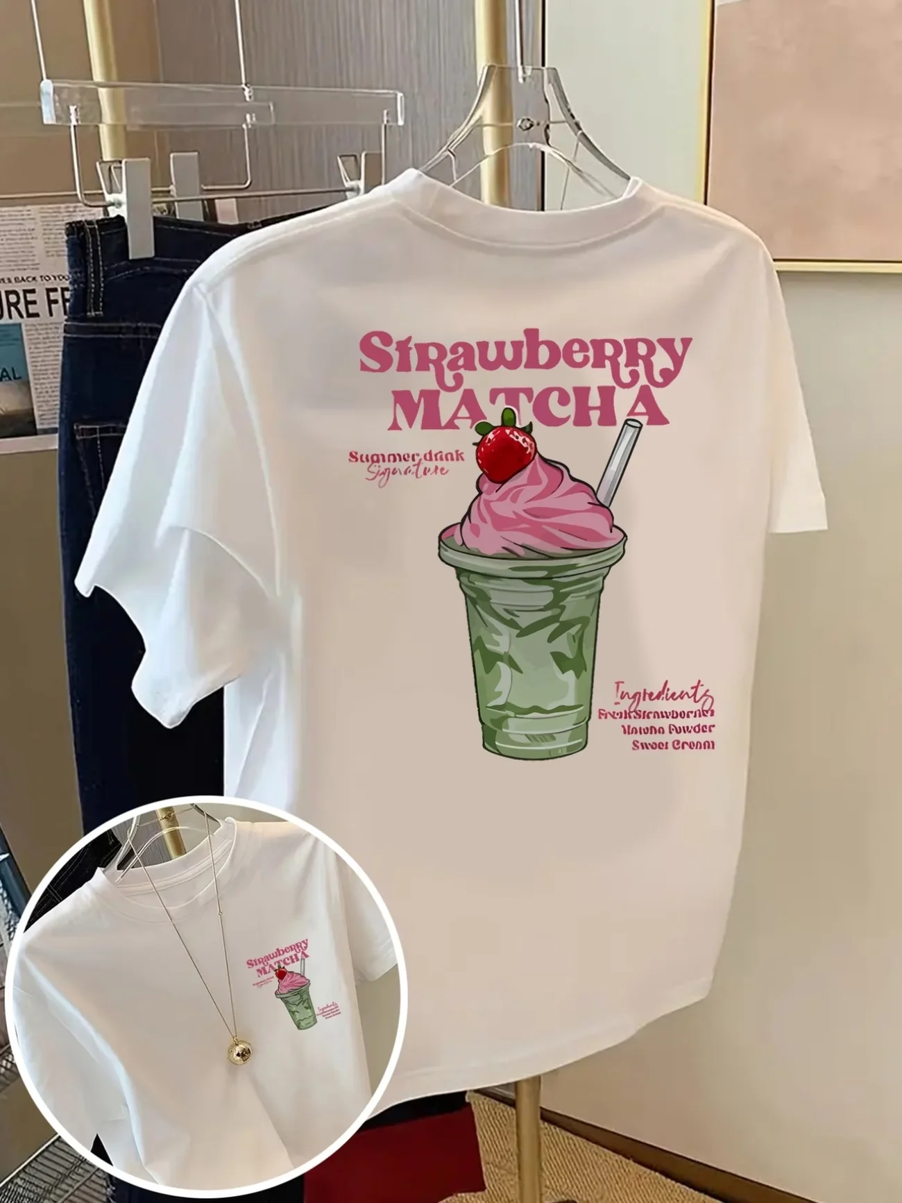Cute Y2k Aesthetic Matcha Lover Tops Back Print Strawberry Matcha T Shirt Loose Streetwear Graphic Tees Women Fashion Clothing