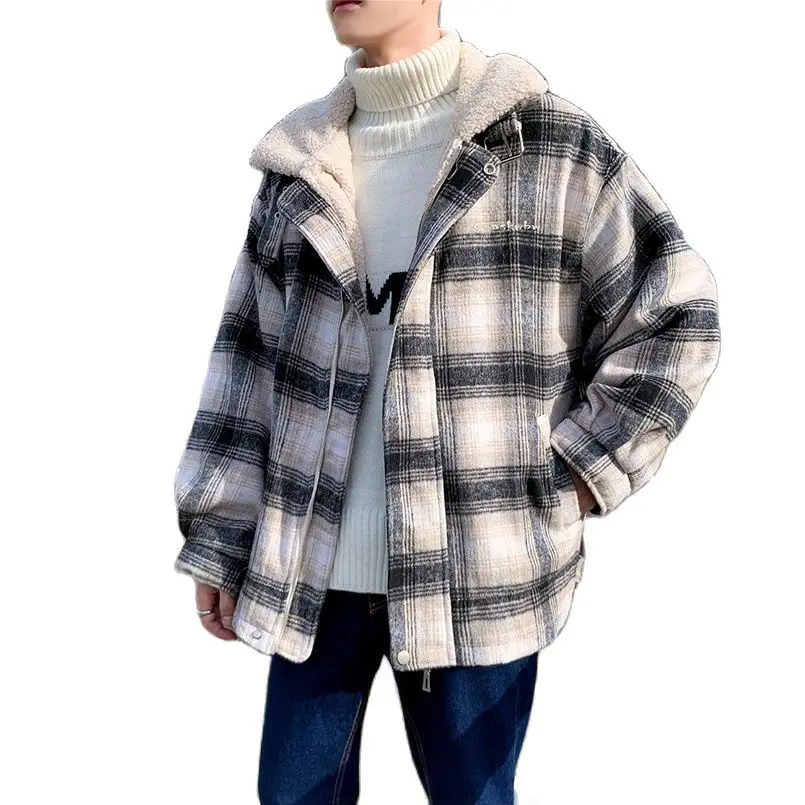 Cashmere Plaid Winter Jacket New Lamb Velvet Male Padded Jackets Long SLeeve Thick Brand Coat Trendy Streetwear Nice