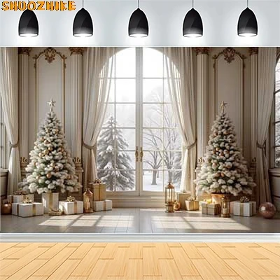 

Christmas Day Wreath Family New Year Party Photography Backdrops Prop Window Living Room Xmas Tree Gift Snow Background VN-19