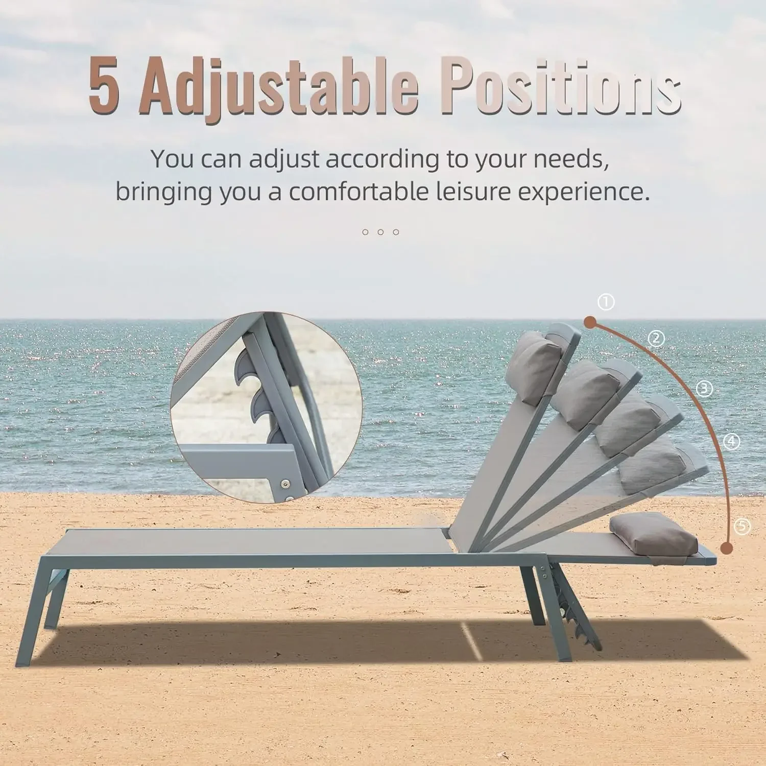 [متجر هيلونج] مجموعة كراسي صالة تشيس مكونة من 3 قطع، كراسي صالة من الألومنيوم مع 5 أوضاع قابلة للتعديل، صالة تشيس خارجية لحمام السباحة، سطح السفينة،