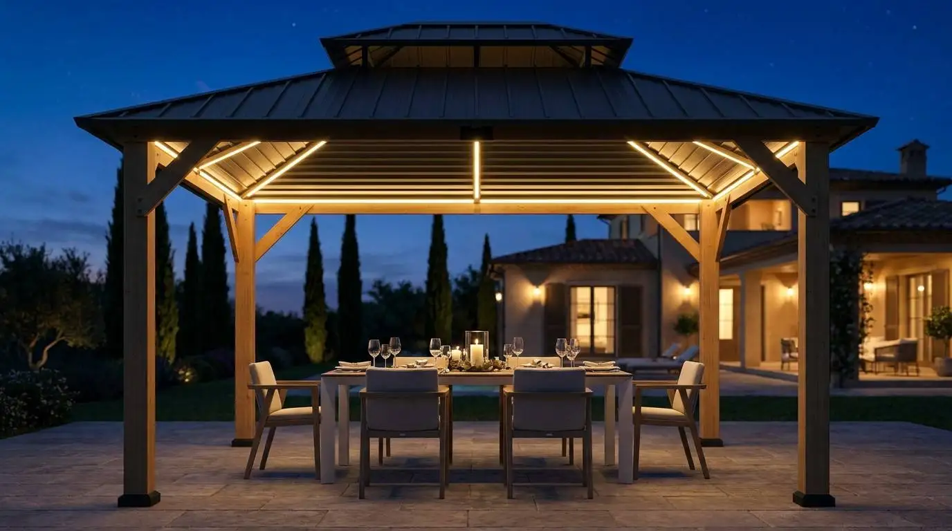 Multi Size 3x3 3x4 4x4m Aluminum Outdoor Gazebo Modern Square Pergola Slatted Galvanized Roof With Privacy Curtains