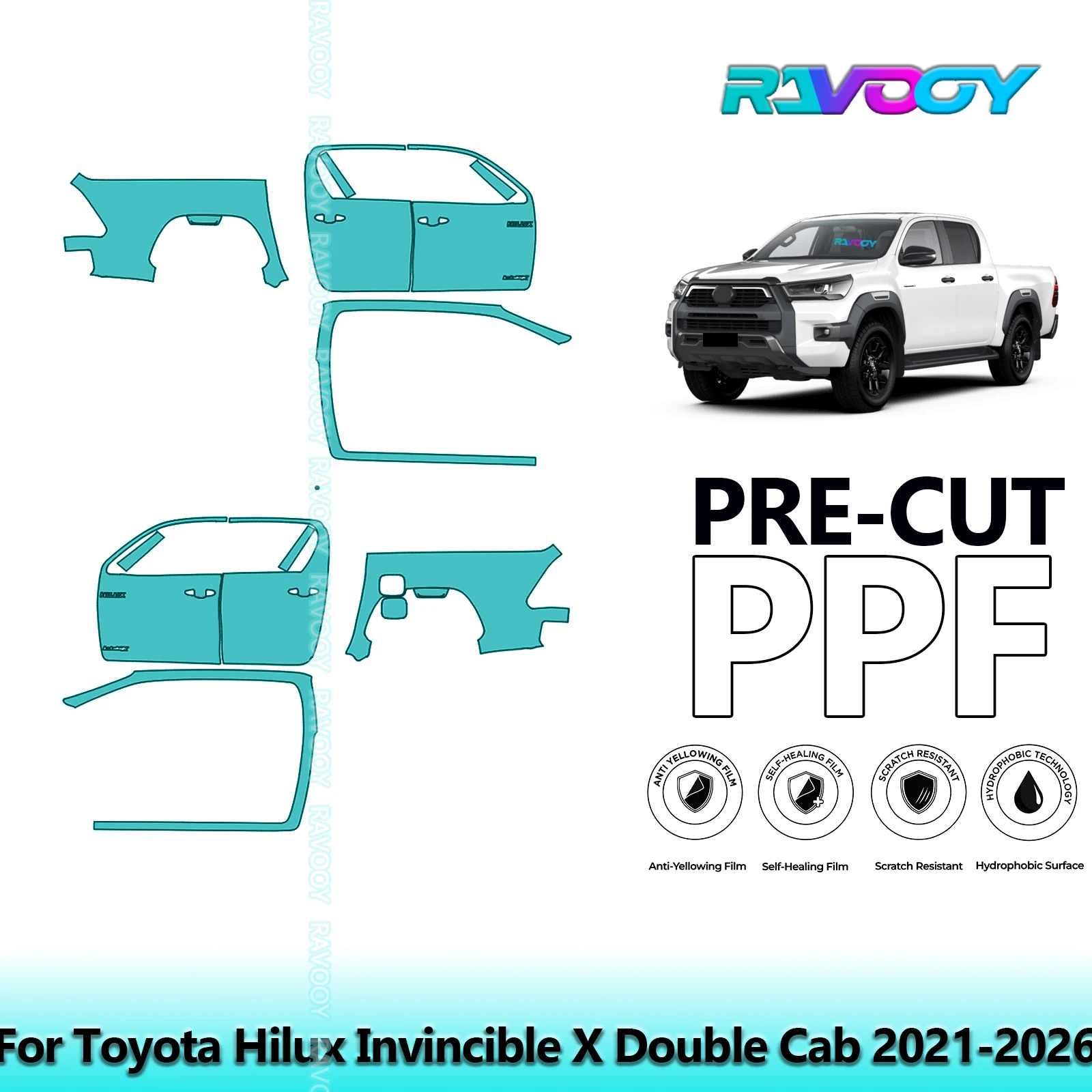 

For Toyota Hilux Invincible X Double Cab 2021-2026 8.5mil Pre-Cut PPF Door & A/B Pillar Kit TPU Paint Protection Film Set