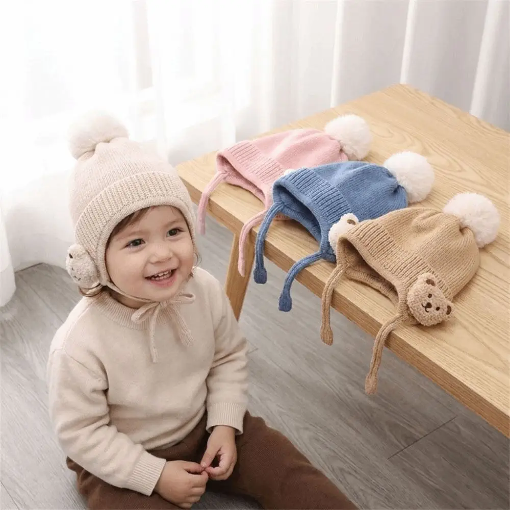 Solid Color Baby Ear Protection Cap Thick Cotton Lining Knitted Bear Earflap Beanie Windproof Crochet Style Warm Knitted Cap