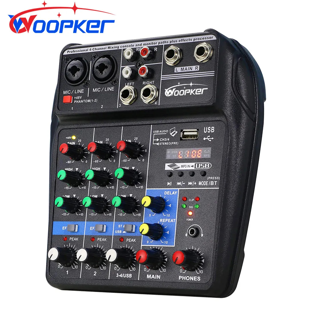 Woopker Wireless 4 Channel Audio Mixer A4 Portable Bluetooth-compatible USB Sound Mixing Console 48V Phantom Power