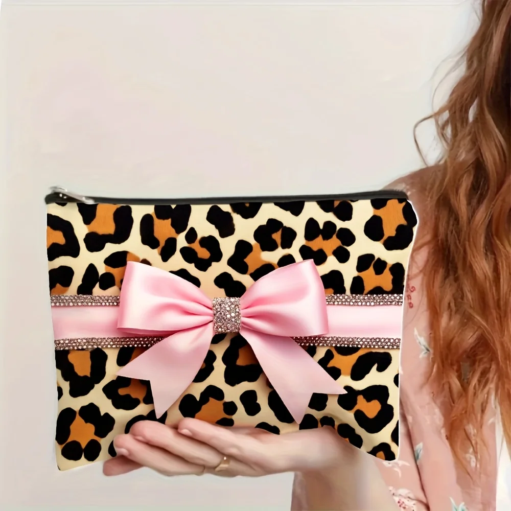 A Pink leopard print makeup bag with bow- multifunctional zipper pouch, jewelry storage bag, perfect travel zipper small storage