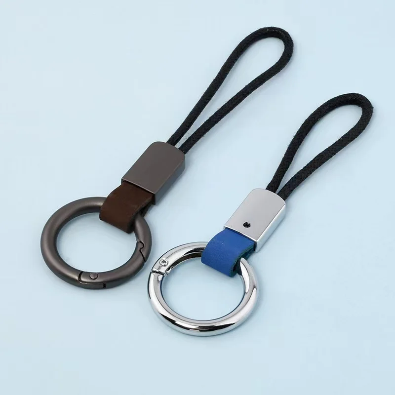 Trendy Unisex Leather Rope Keychain Black Silver Color Metal Key Ring Couple Keyfob Llavero Key Holder Decorative Car Pendant