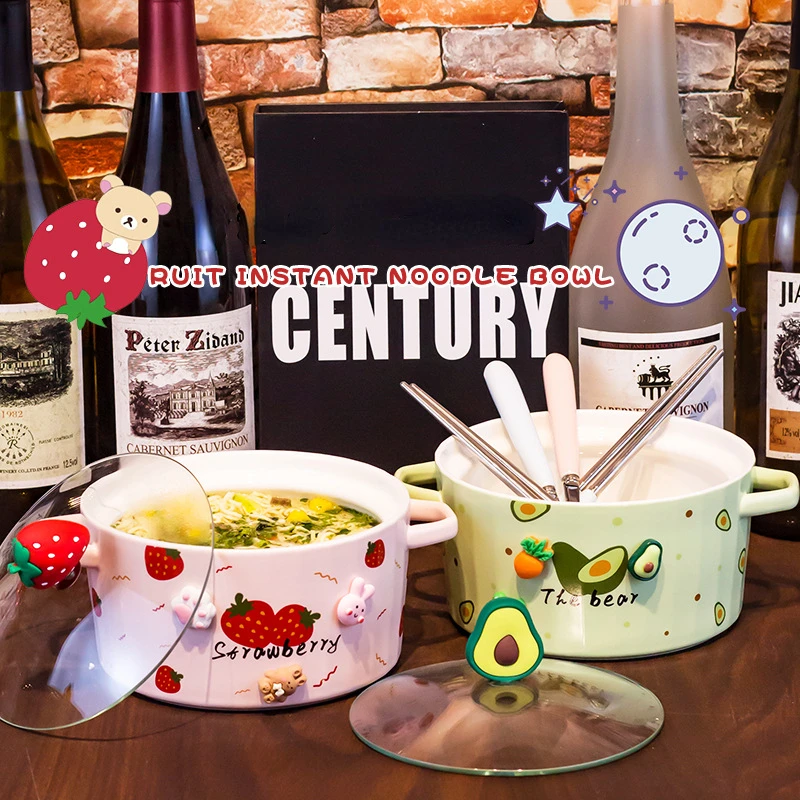 Fruit Ceramic Instant Noodles Bowl High Color Strawberry Avocado Watermelon with Cover Double Ears Household Birthday Present