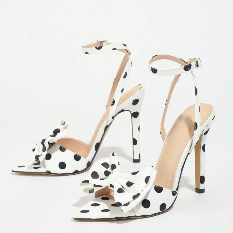 

Novelty Bow Polka Dot Design Elegant Heeled Sandals for Women Sexy Ankle Strap Designer High Heels Luxury Party Plus Size Shoes