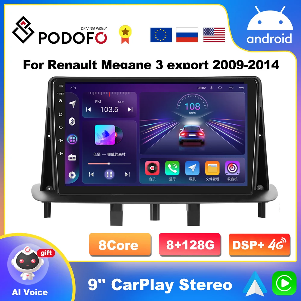 

Podofo 4G Wifi CarPlay Auto For Renault Megane 3 Fluence Samsung SM3 2008 - 2014 Android Radio With Screen DSP 2din Head Unit