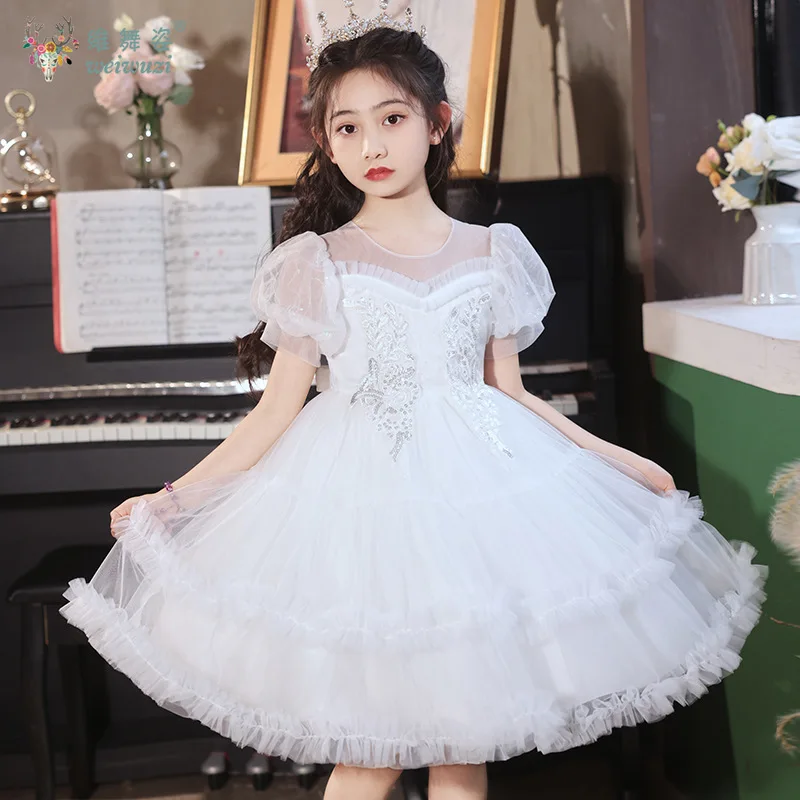 ウェディングフラワーガールドレス パフスリーブ スパンコール付き プロムドレス 子供用 プリンセスパーティー 誕生日 パフォーマンス チュールスカート