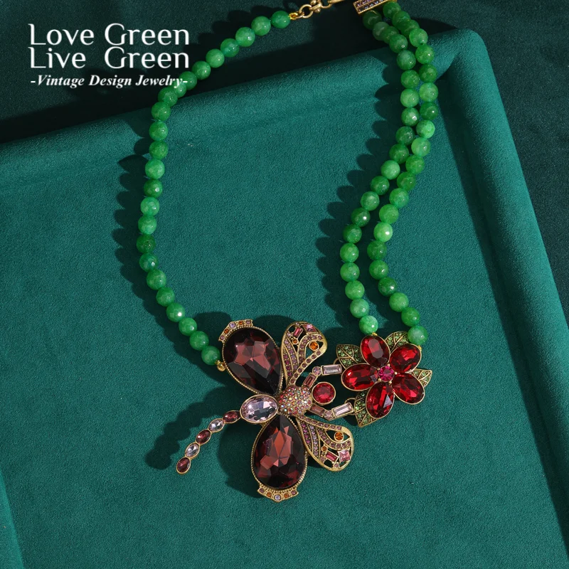 

Vintage Glaze Dragonfly Flower Necklace Green Beads For Woman Accessories Gold Color Designer Jewelry Unique Wedding New 2025