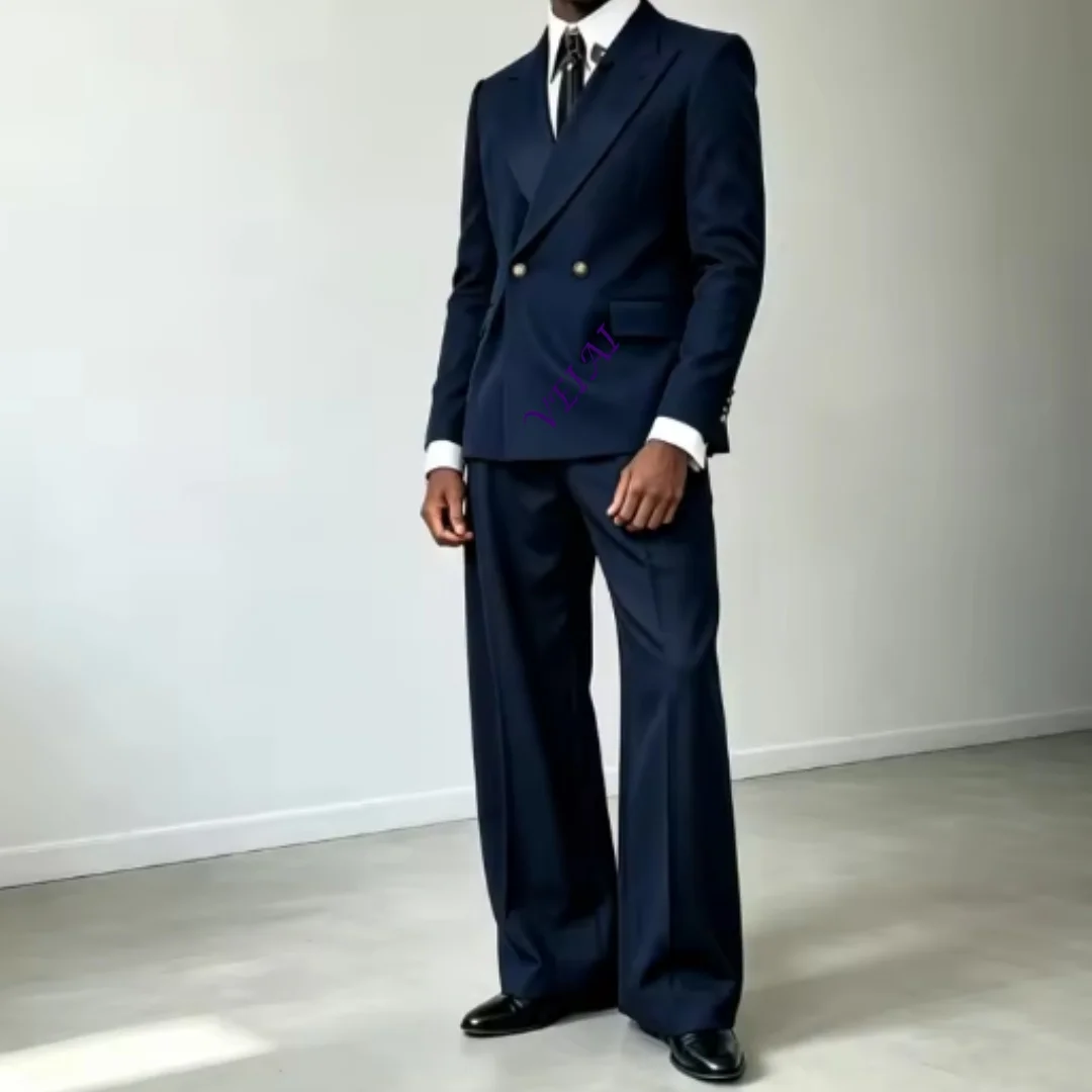 Breasted Wide Pants Men Suit Set Separates 2 Pieces Custom Tuxedo For Men Wedding Prom Groom Party (Jacket + Pants)
