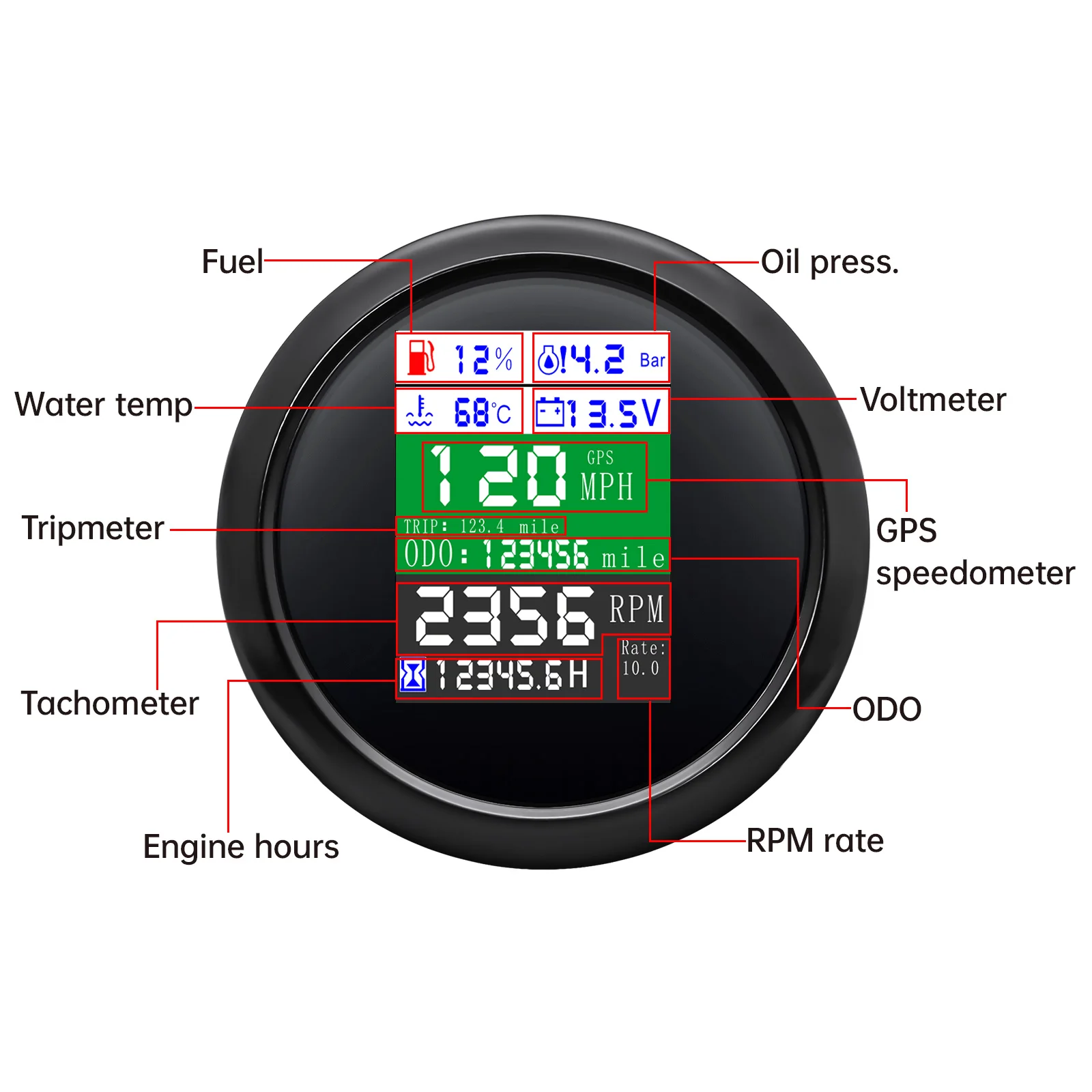 85mm 6 in 1 GPS Speedometer+Tachometer+Fuel Level Gauge+Oil Pressure+Water Temp+Voltmeter Digital Gauge for Car Boat Marine 12V