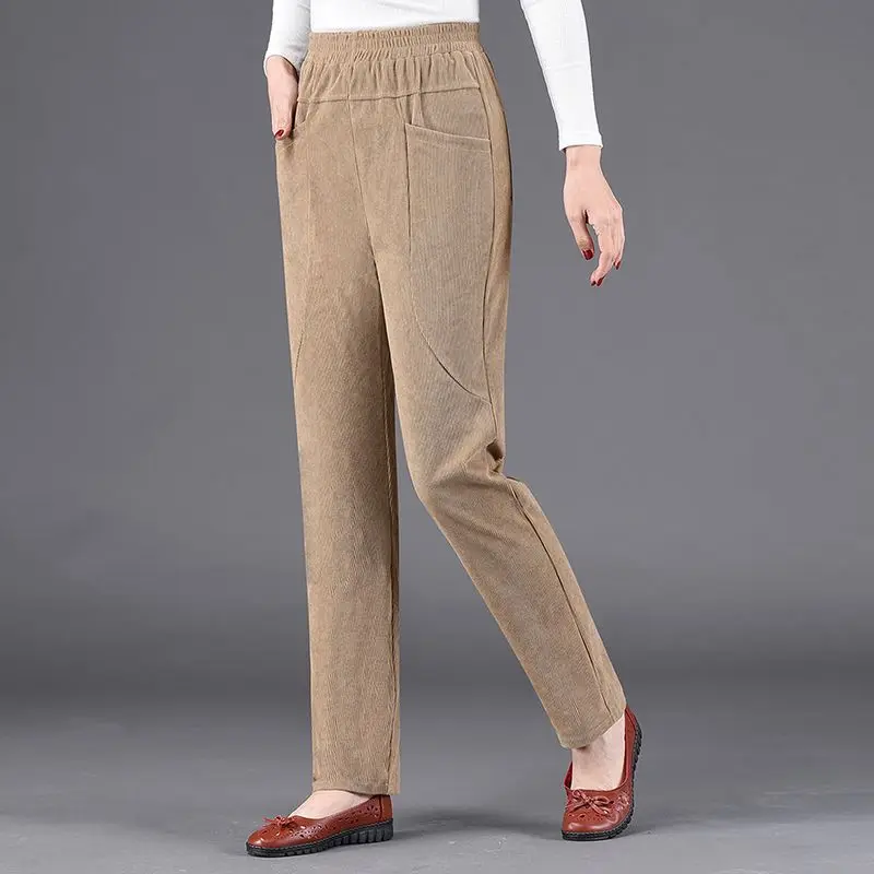 Autumn Winter New Corduroy Straight Pants Women Elastic Waist Solid Pocket Loose Casual Korean Warm Middle-aged Radish Trousers