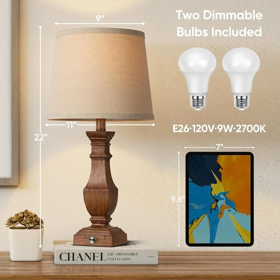 โคมไฟตั้งโต๊ะแบบหรี่แสงได้ ชุด 2 ชิ้น โคมไฟสไตล์บ้านไร่สำหรับห้องนั่งเล่น ห้องนอน โคมไฟข้างเตียง โคมไฟตั้งโต๊ะสำหรับโต๊ะข้างเตียง โคมไฟแบบสัมผัส