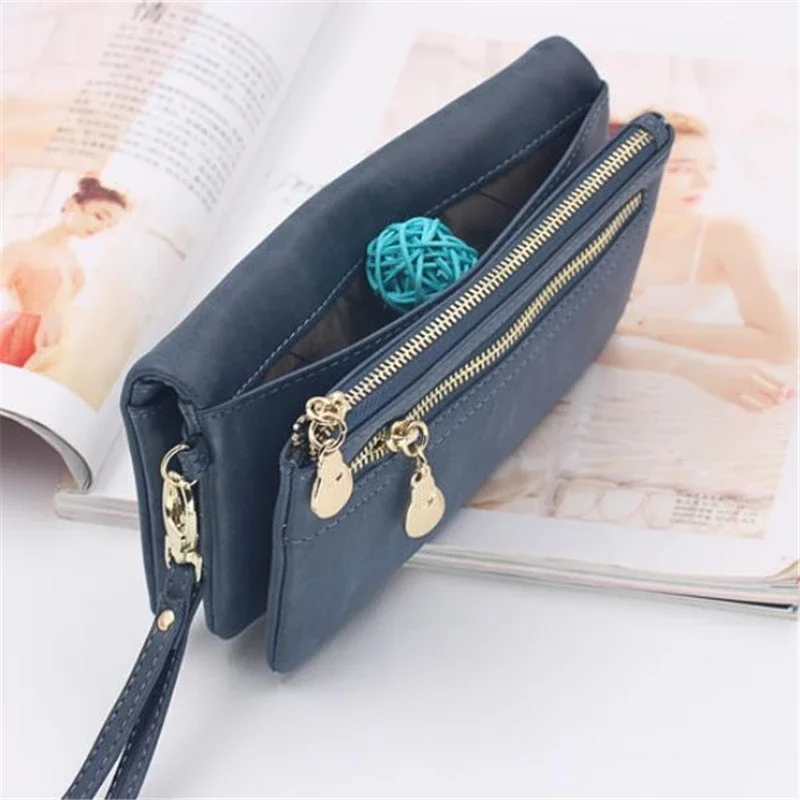 Portefeuille en cuir PU pour femme, sac à main rétro conviviale ré, double fermeture éclair, long sac à main pour téléphone portable, nouvelle mode