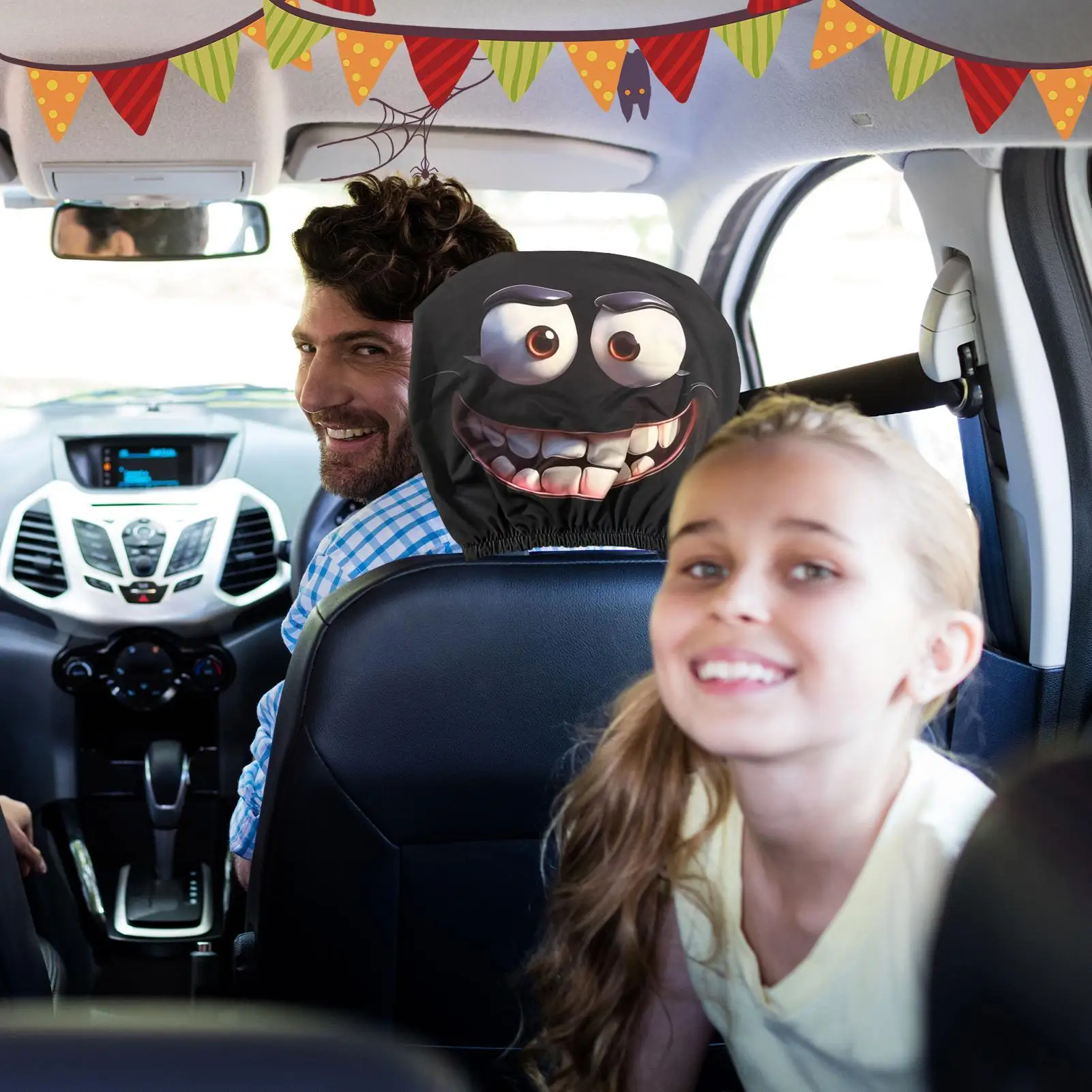 2pcs Smiley Face Printed Car Pillowcase Soft Comfortable Decorative Cushion Cover Auto Seat Headrest Washable Polyester Fabric