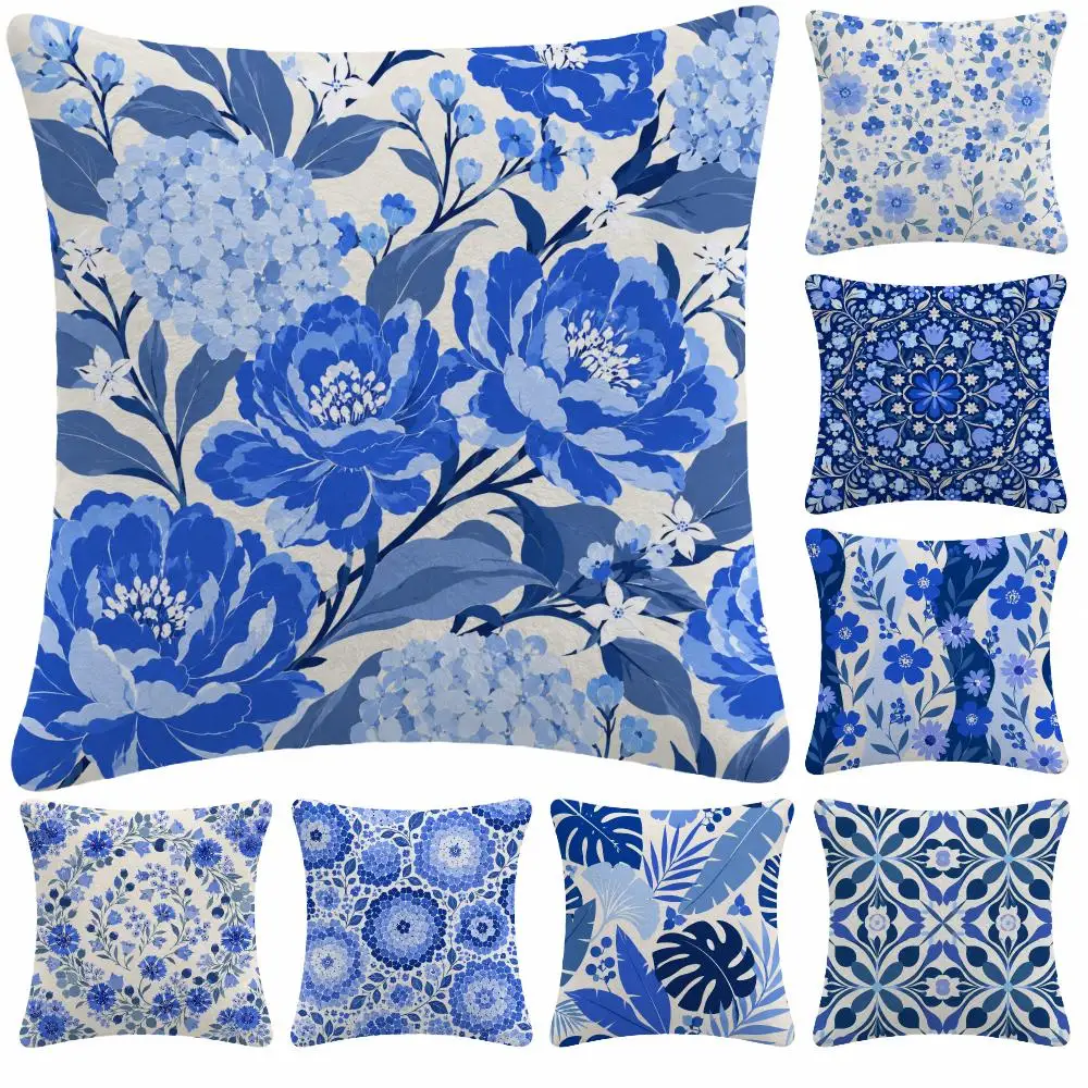 Pattern Floral B-Blue White Floral Cushion Cover Soft Plush Decorative Sofa Bedroom Living Room Car Dorm Home Decor Gift