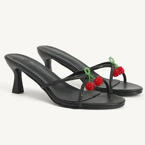 2024 Brand New Summer Cherry Decor Open Toe Women's Slides Sandals Kitten Heels Comfy Walk Slip on Mules Shoes Outdoor Slipper