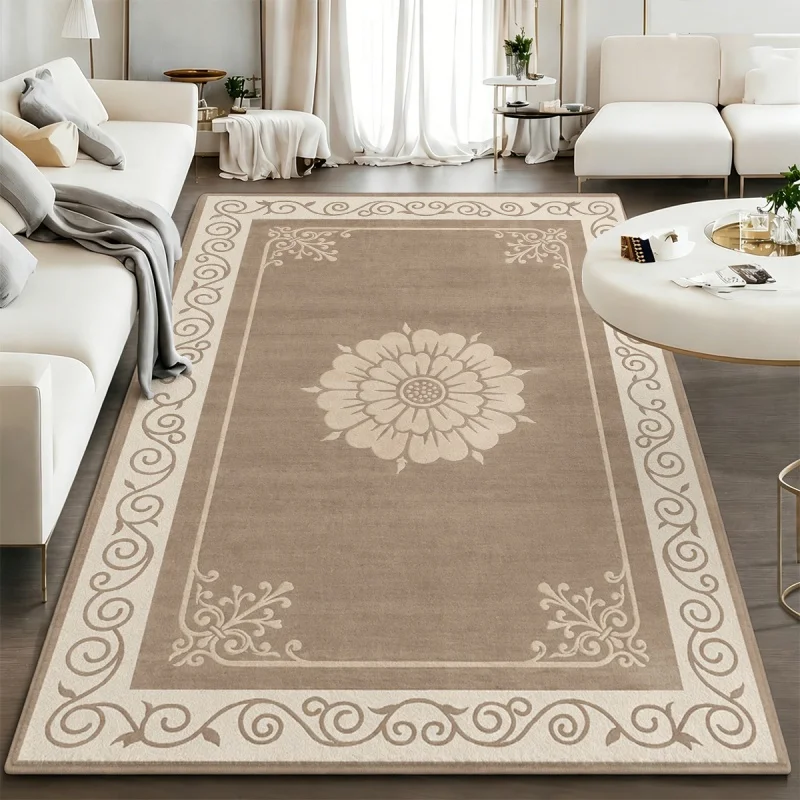 Khaki Central Flower Scroll Border Minimalist Area Rug, Simple Elegant Vintage Floral Washable Floor Rug for Bedroom Sofa