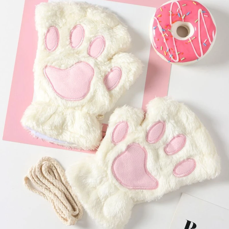 Cute Cat Paw Gloves Plush Fingerless Mittens Winter Warm Soft Fluffy Bear Claw Half Finger Gloves for Costume Party Gifts