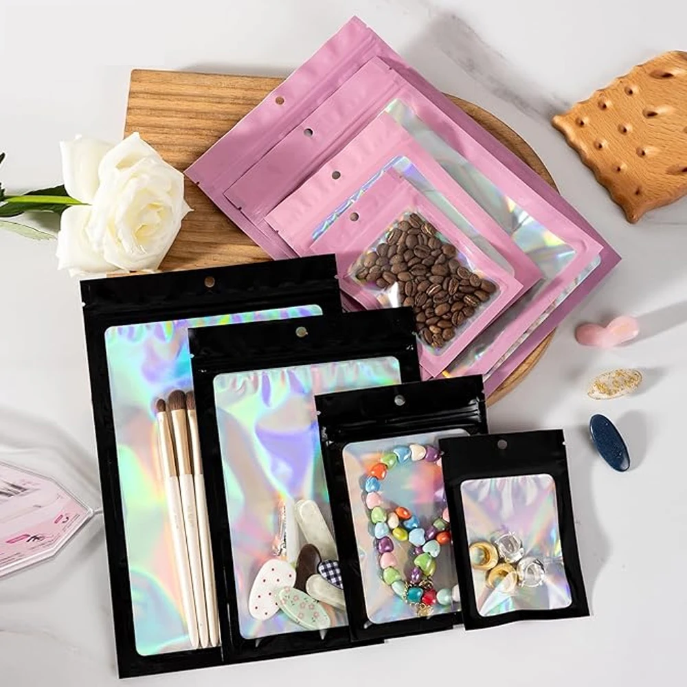 10-1000Pcs Holographic Ziplock Bag Black Plastic Laser Iridescent Zip Gift Bags for Manicure Eyelash Ring Jewelry Food Storage - view 2