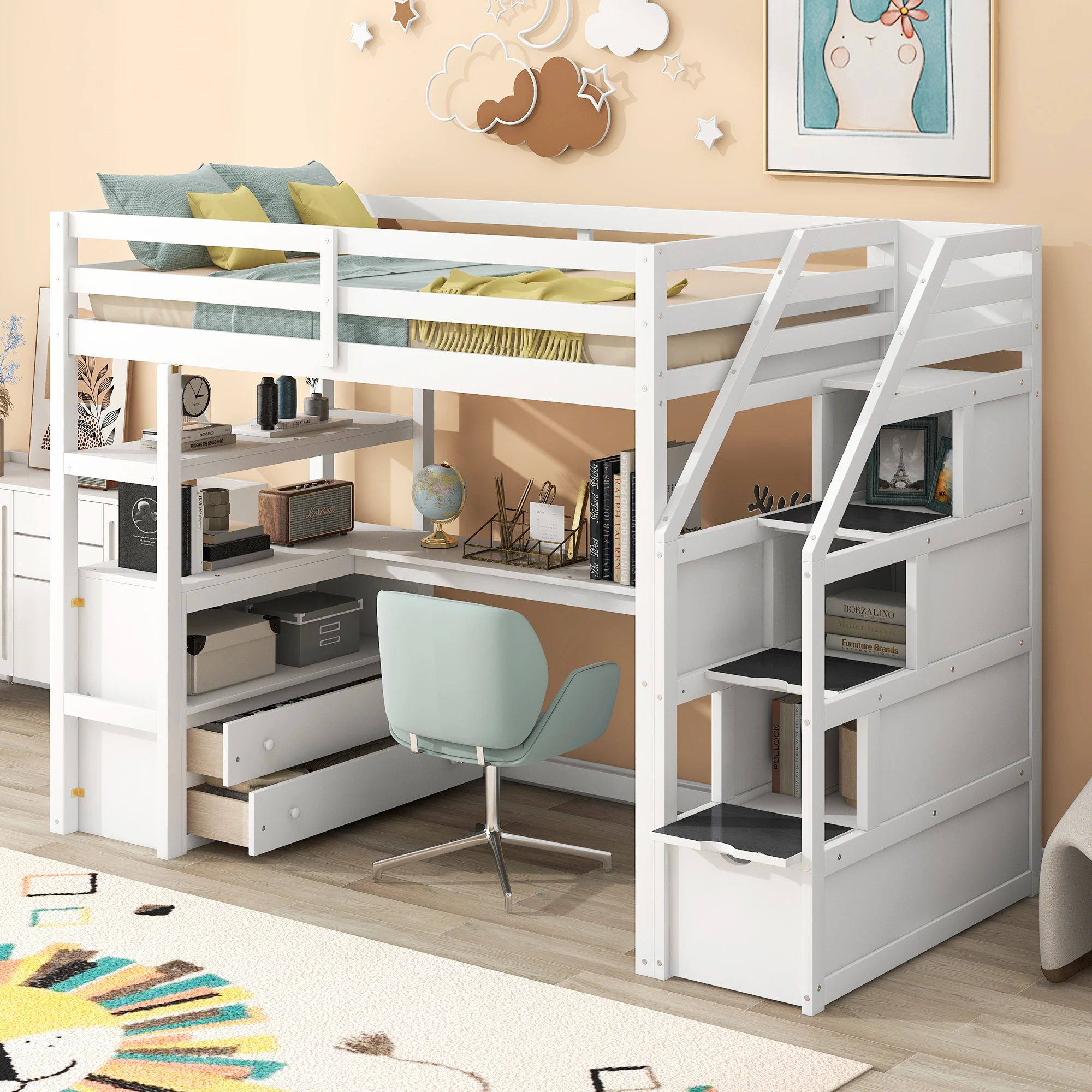 

Twin Size Loft Bed with Desk, Shelves, Two Built-in Drawers, and Storage Staircase, White 95.10x41.80x65 in.