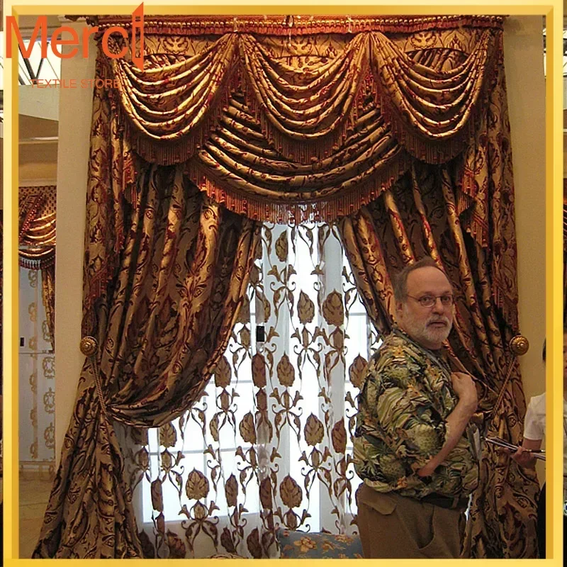 

Rod Valance Curtain Door Blinds Window Golden Design Sheer Tulle Draperies Blackout Gold Super Luxury Curtains For Living Room