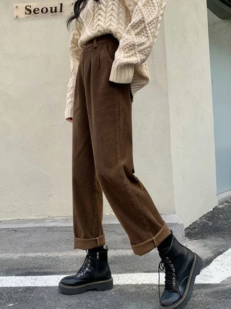 Jmprs Vintage Corduroy Pants High Waist Spring Straight Trousers Causal Pockets All Match Female Black Korean Pants