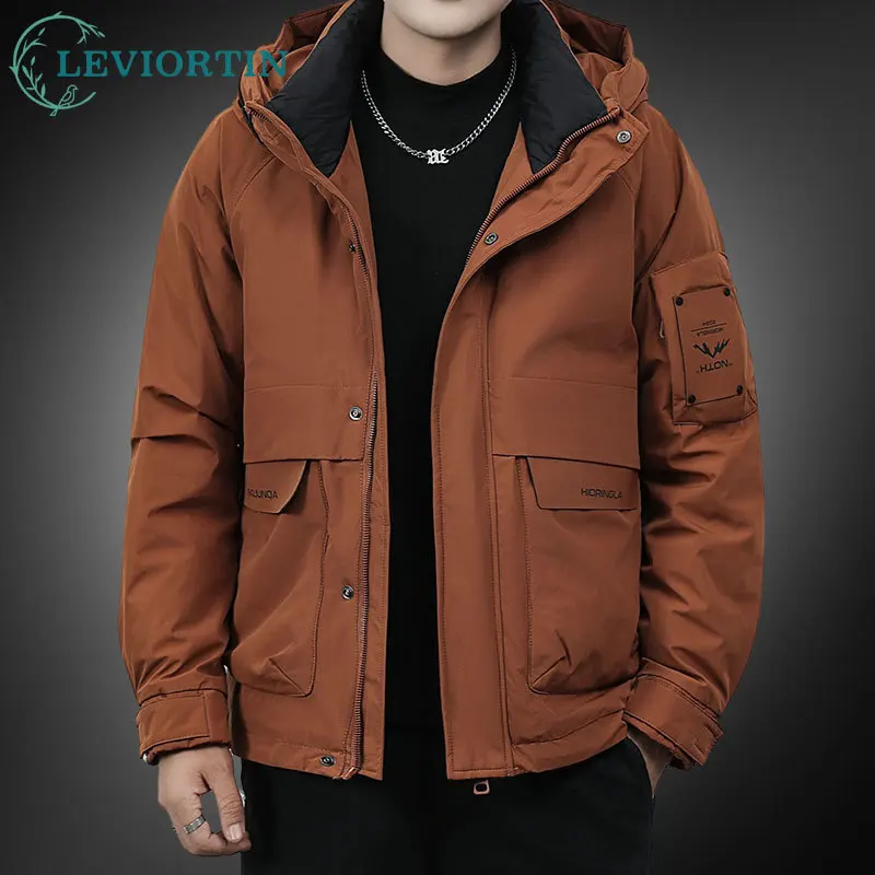 Men's Workwear Hooded Down Jacket Winter Versatile Cargo Padded Coats Man Thick Warm Fashion Outerwear White Duck Down Jacket