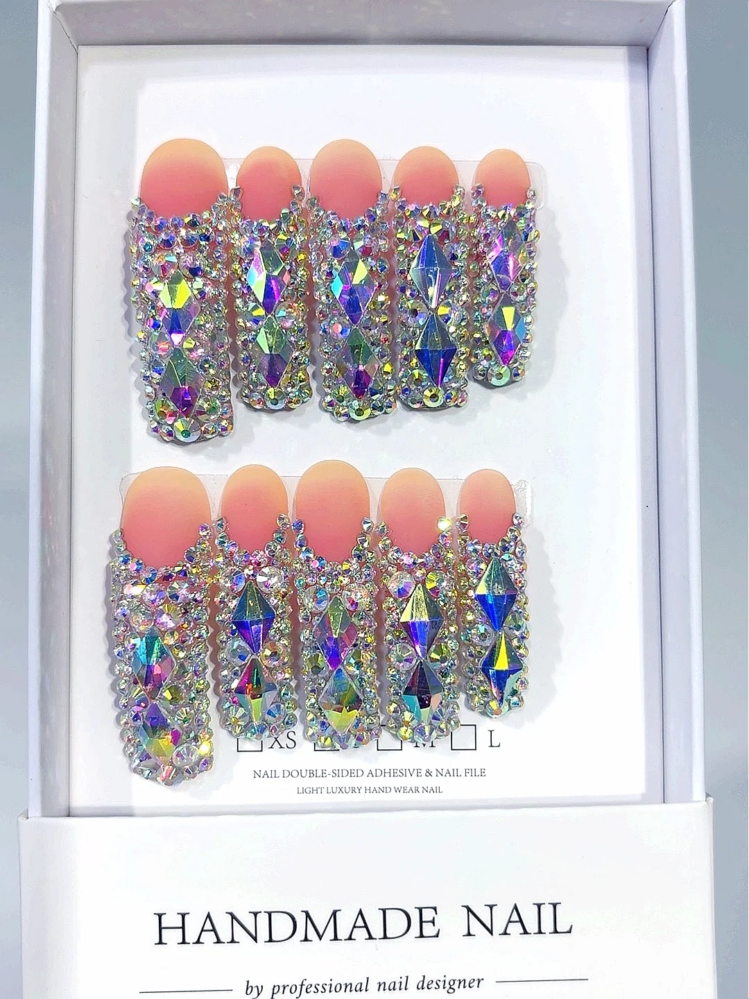 Gebogen nagelvorm Druk op nagels Volledig iriserende strassdetails, naaktbasis nepnagels (015)