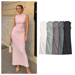 PB&ZA 2024 Spring New Women's Fashion and Elegance Slim Fit Versatile Folded Decoration Midi Dress