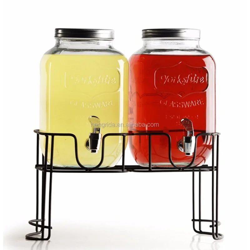 Large volume embossed glass beverage dispenser with metal stainless steel bracket 4L/8L