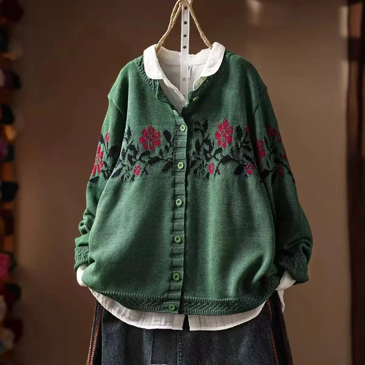 Women Vintage Floral Jacquard Knit Cardigan Japanese Style Round Neck Long Sleeve Loose‑Fit Cottagecore Sweater Jacket