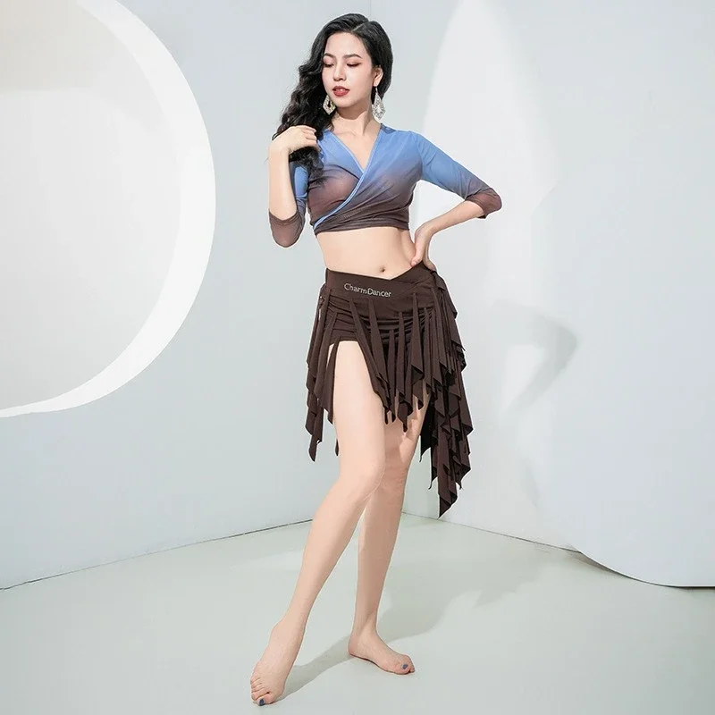 Customized Belly Dance Costumes 2025 New Practice Dress Gradient Strap Top Triangle Hanging Piece Tassel Skirt Set