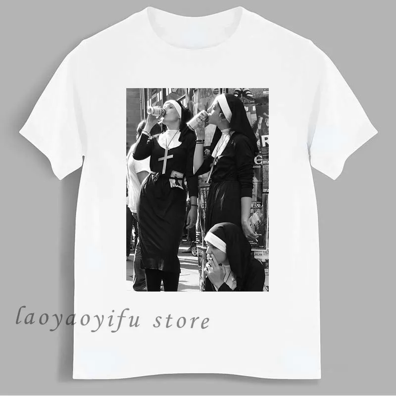 Nun Smoking Amp Drinking TShirt Bad Girls Popular Streetwear Women Men Harajuku Hip Hop Tops Oversized T Shirt  Retro T Shirt