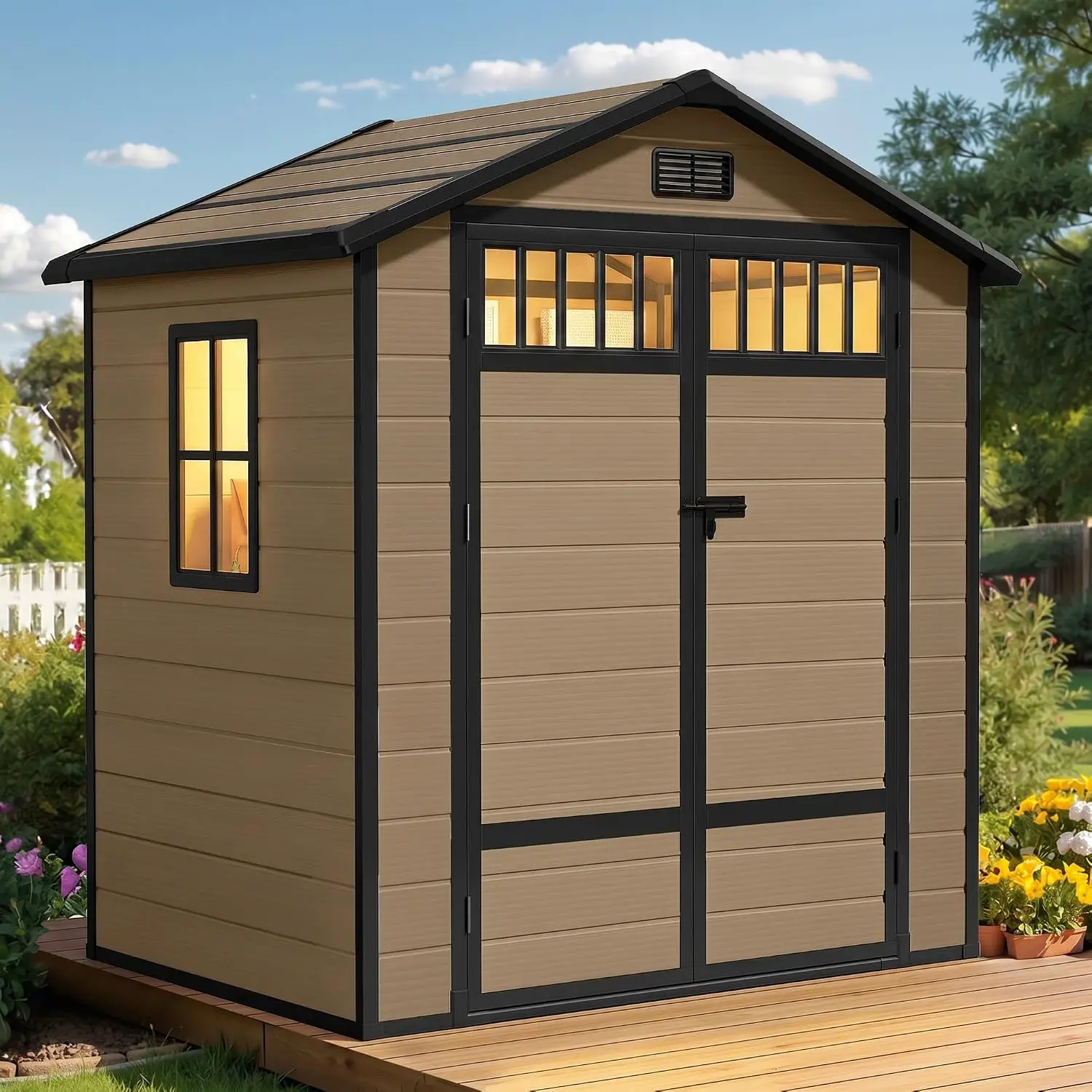 ^Outdoor Storage Shed, All-Weather Resin Plastic Storage Shed with Windows, Slanted Roof, Raised Floor, Capacity for Garden