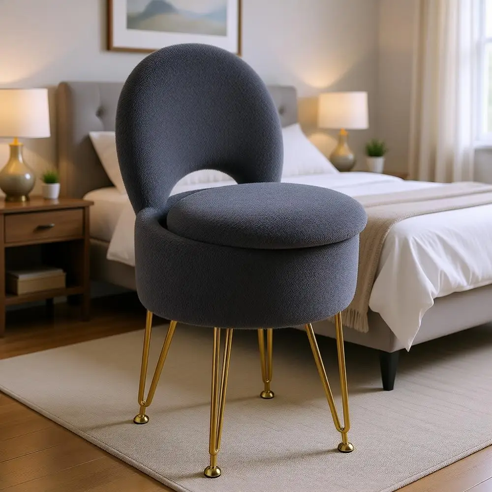 Compact Storage Vanity Stool with Upholstered Seat, 13 x 13 x 17.7, Ideal for Teens, Grey