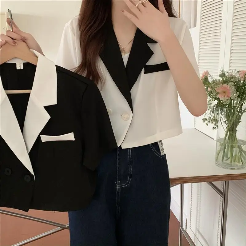 

2025 Summer New Korean Elegant Short Sleeve Blouse Women Fashionable Patchwork Colors Blusas Office Lady Double Buttons Tops