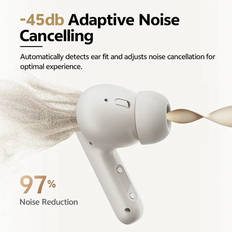 سماعات أذن لاسلكية QCY Buds ANC، بلوتوث 5.4، إلغاء الضوضاء ANC حتى -45dB، مشغل ديناميكي 10 مم، 6 ميكروفونات، مكالمات HD، اتصال مزدوج، عمر بطارية 25 ساعة - 2